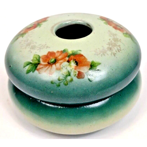 Antique Porcelain Hair Receiver Green Floral Vanity Decor 2 Piece Marked #77 - Picture 5 of 9